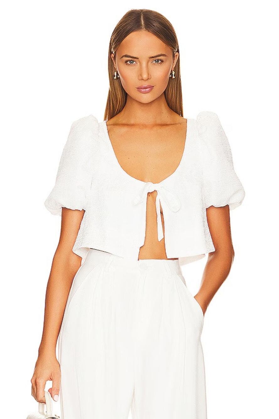 LPA Rita Top Puff Sleeve Front Tie Cropped Short Sleeve White Size Small Boho
